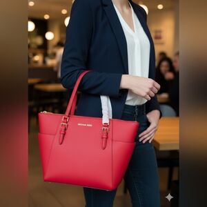 Michael Kors Charlotte Large Top Zip Shoulder Tote Bag Bright Red(NWT)